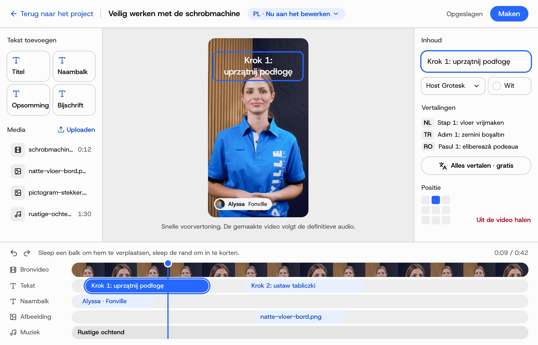 De tijdlijn met een tekstblok op een tijdcode