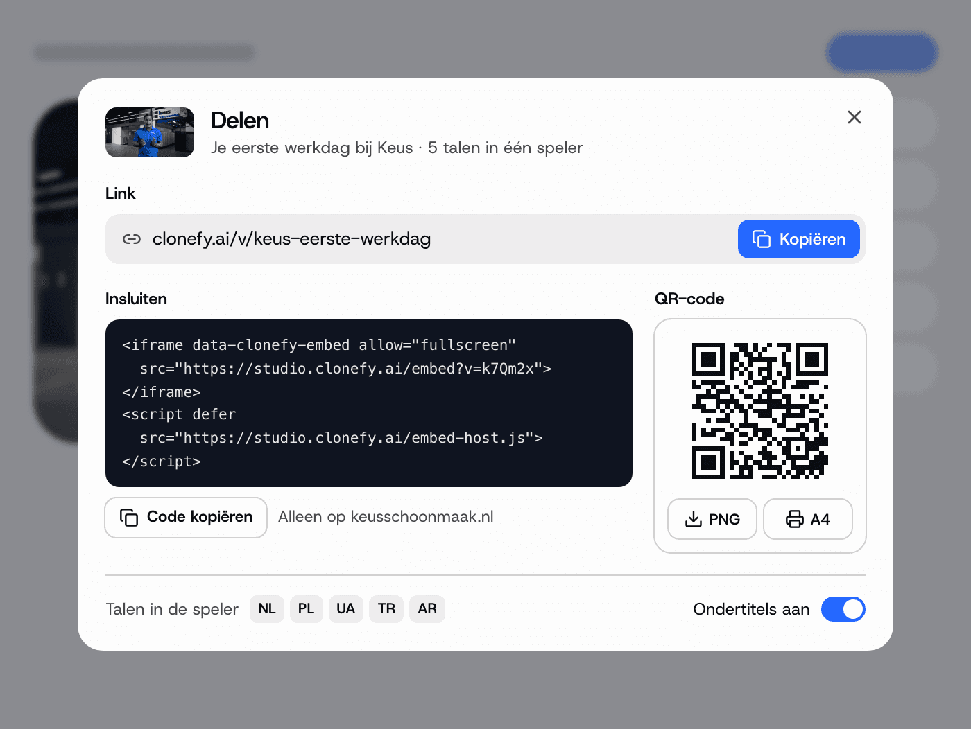 Het deelvenster met deellink, embedcode en QR-code