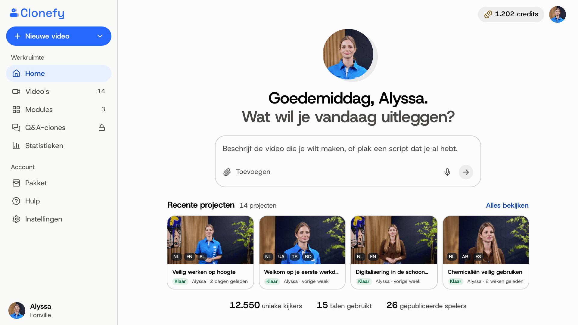 Het startscherm van het platform: Goedemiddag, Otter. Wat wil je vandaag uitleggen?