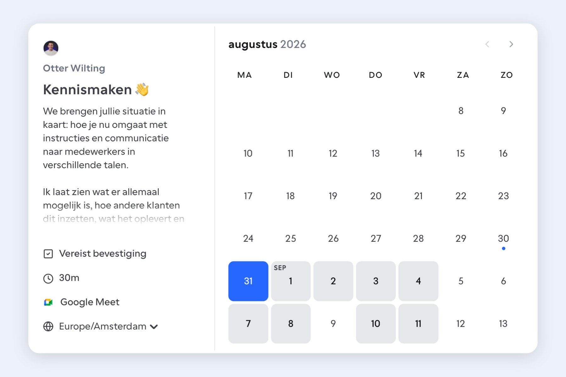 Het boekingsscherm voor een kennismaking van dertig minuten